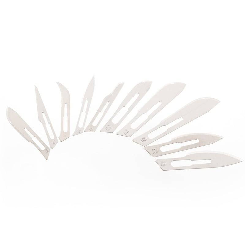 Set of stainless steel surgical scalpel blades in assorted sizes displayed in arc