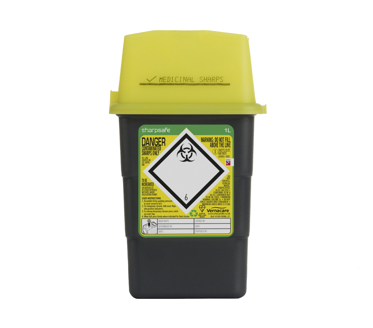 1 Litre Sharpsafe Grey Sharps Bin Yellow Lid