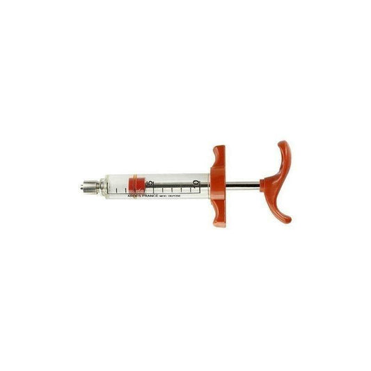 Reusable veterinary syringe with 10 ml capacity and ergonomic orange handle for livestock dosing