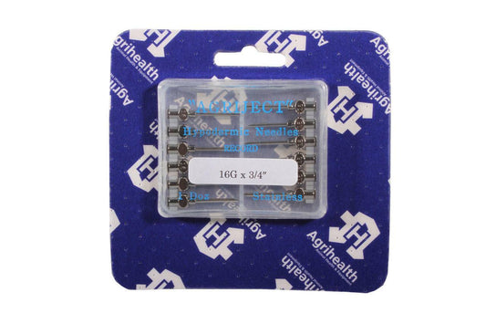 A pack of 18g 3/4 inch Agriject Luer Fit Needles, packaged in a clear plastic case with a blue background, labeled for agricultural use.