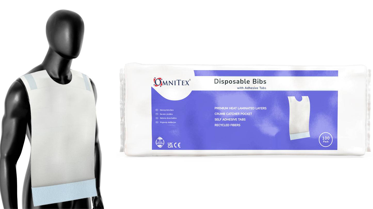 Omnitex Disposable Adult Bibs with Adhesive Tabs Pack of 100