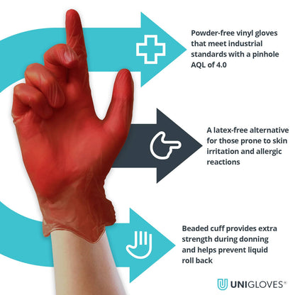 Unicare Red Vinyl Powder Free Box of 100 Gloves