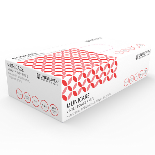 Unicare Red Vinyl Powder Free Box of 100 Gloves