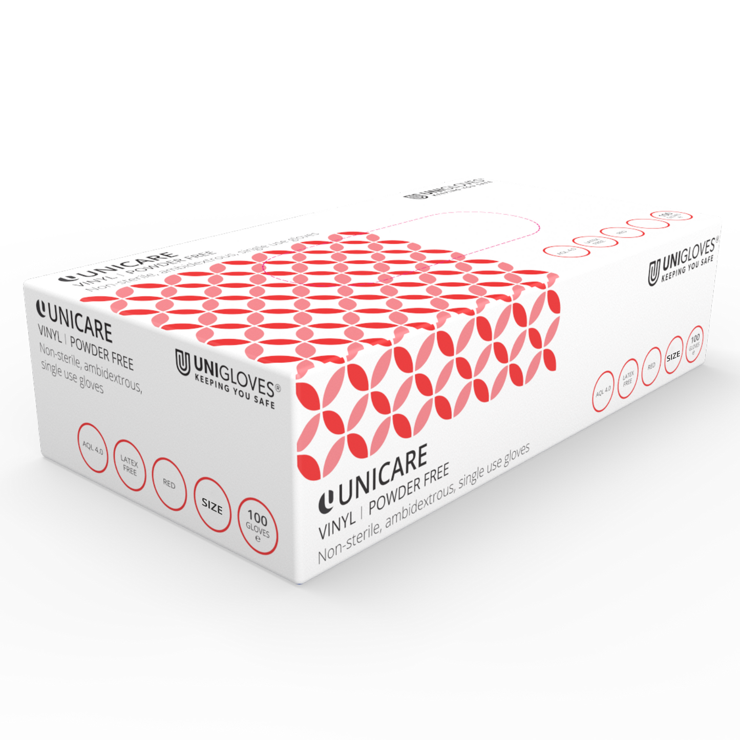 Unicare Red Vinyl Powder Free Box of 100 Gloves