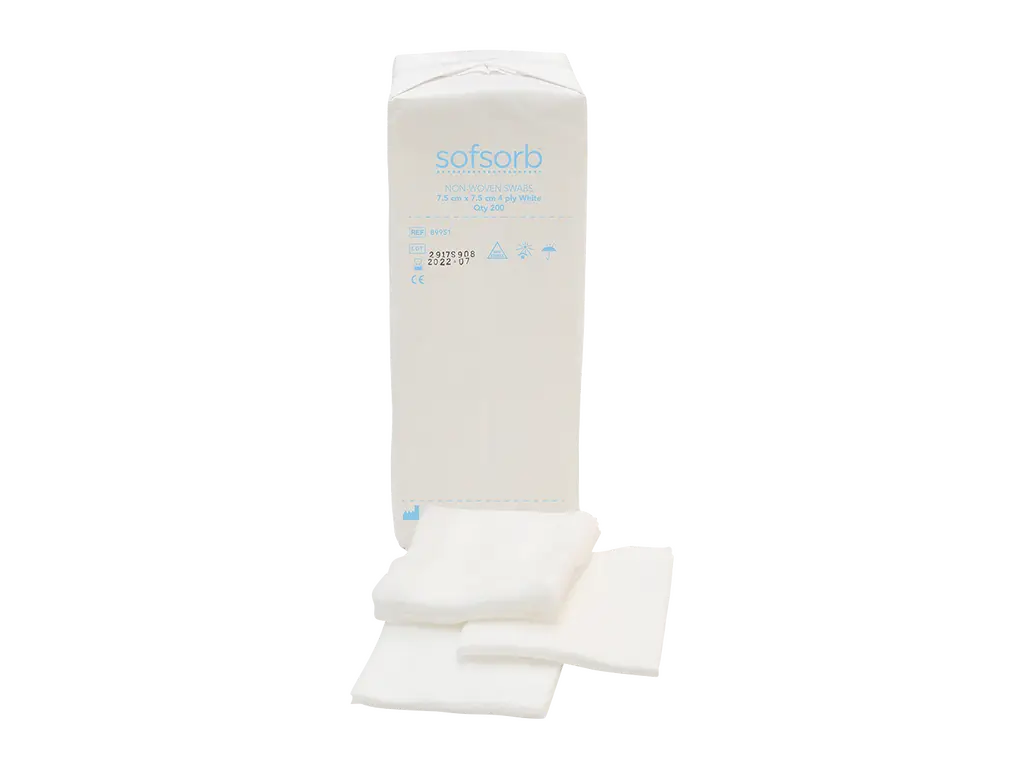 7.5cm x 7.5cm 4Ply Sofsorb Non-woven Swabs Pack of 200